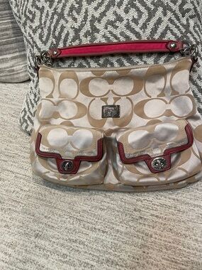Coach Beige and Tan Signature Shoulder Bag with Pink Trim